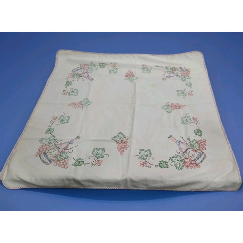 Vintage Hand Embroidered Grapes Wine Tablecloth Square 33" x 33" Cross Stitch